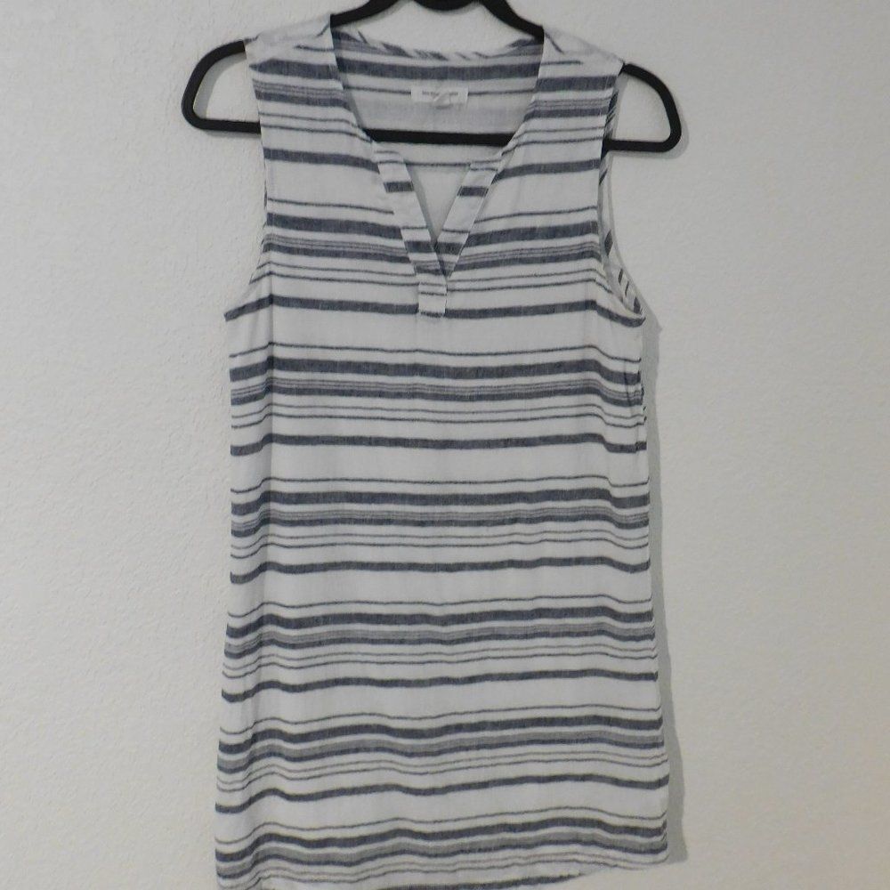 Beach Lunch Lounge Linen Cotton Sleeveless White Blue Sheath Dress Size XS